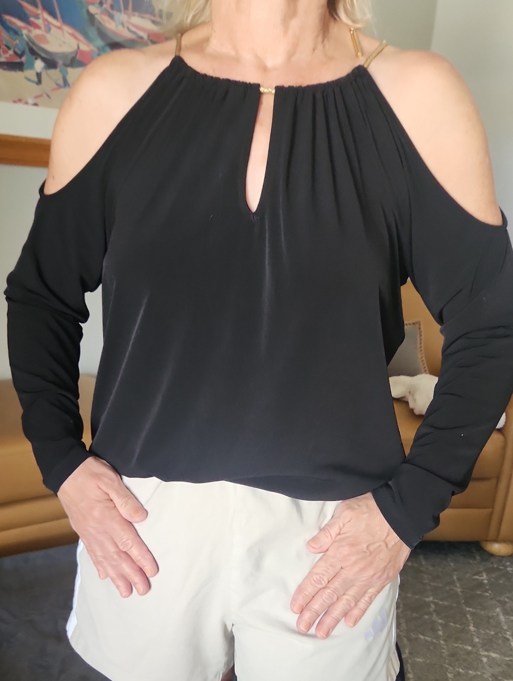 Michael Kors Black Cold-Shoulder Blouse with Gold Accents